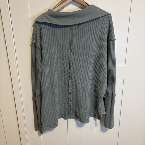Free People Top Large Womens Raymond Collared Thermal Long Sleeve Washed Army - Picture 2 of 7
